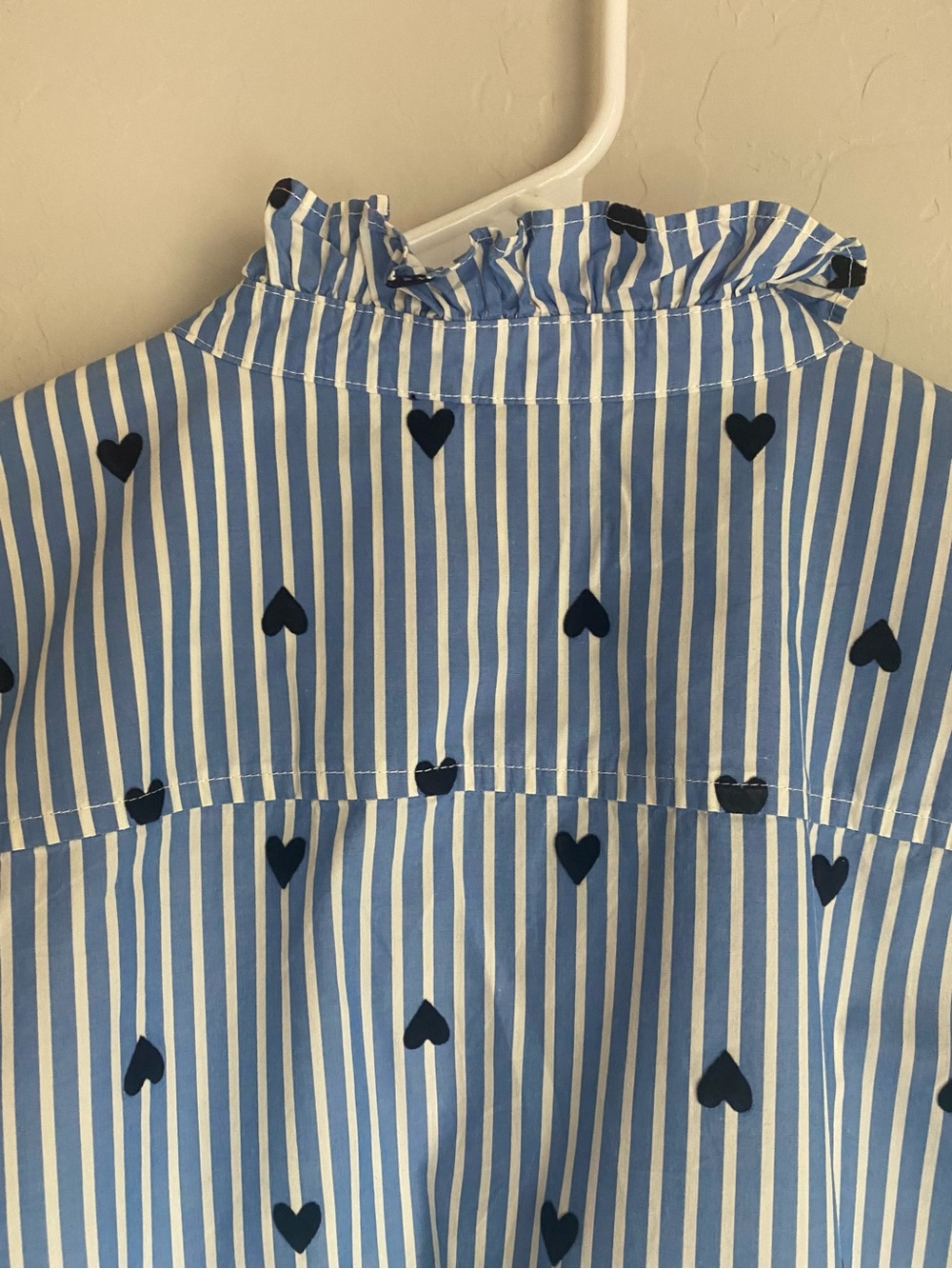 J. Crew Ruffle-Neck Long Sleeve Button Down Top with Stripes & Hearts Size L - Picture 6 of 9